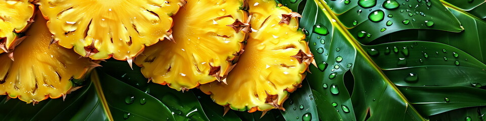  
Fresh yellow ananas slices with green palm leaves. Close up view, panorama banner 
