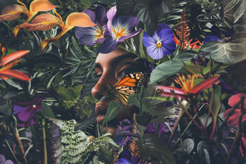 Enigmatic Woman Amidst a Vivid Tapestry of Flowers and Butterfly