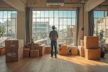 Moving Day: Person Amid Boxes in Sunlit Apartment

