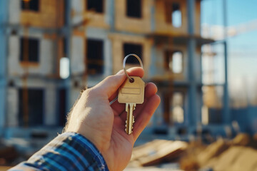 Male hand holding key on background of building under consruction