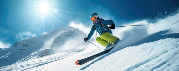 Skilled skier skiing down on a slope against blue sky and mountains