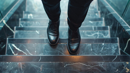 Buisnessman walking on office stairs, going forward, progress concept