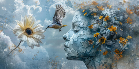 Surreal Portrait of Woman with Floral Elements and Bird in Flight - Powered by Adobe
