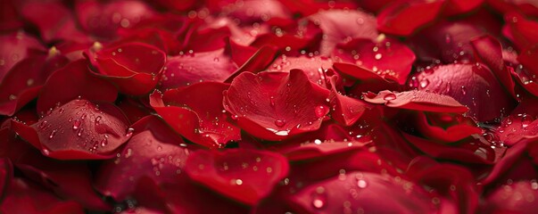 Red rose petals banner. Background with red roses. Theme