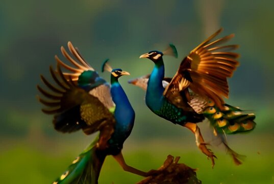 Vibrant peacocks soaring in flight, showcasing their stunning feather patterns and colors. Generative AI