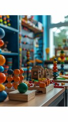 Naklejka premium A wooden toy store with a variety of colorful toys on display.