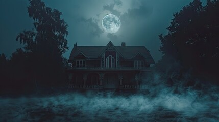 A spooky haunted house with fog rolling in front of it