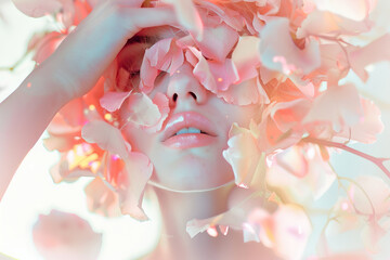 Ethereal Beauty Amongst Soft Pink Petals - A Dreamlike Portrait