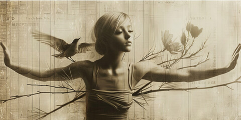 Surreal Woman with Bird and Branches Artistic Concept