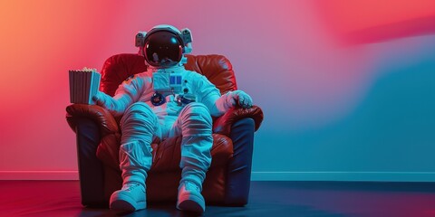 AI generated image, concept photo of an Astronaut sitting on sofa enjoying movie with a popcorn box in hand