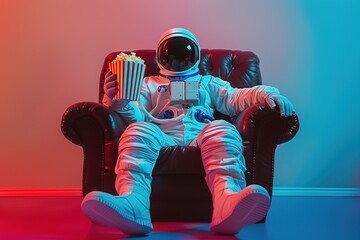 AI generated image, concept photo of an Astronaut sitting on sofa enjoying movie with a popcorn box in hand