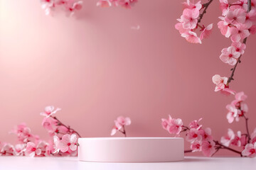 A white round podium on the right side of an empty pink background with cherry blossoms, empty podium with pink cherry blossom flower on pastel background for product presentation template, mock up 