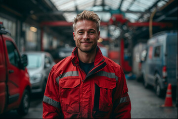 Confident Mechanic Smiling at a Professional Car Service