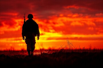 Soldier Silhouette at Sunset: Duty and Patriotism. Perfect for themes of military service, duty, patriotism, or the beauty and solitude of warzones.  Generative ai