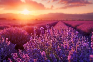 Obraz premium Close-up of Fragrant Lavender Blossoms at Sunset. Ideal for showcasing natural beauty, summer vibes, or the essence of Provence. Generative ai