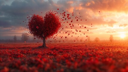 Nature's Love Story: Romantic Heart-Shaped Tree in Red Field. Generative ai