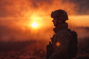soldier in the sunset. Generative ai