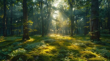 A tranquil forest glade is bathed in the soft light of dawn, casting long shadows across the moss-covered ground. The air is filled with the sound of birdsong, while shafts of golden light filter thro