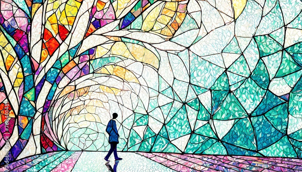 Wall mural stained glass window of man walk