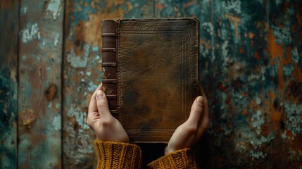 Journey Through Pages: Hands Holding Worn Leather Journal. Generative ai
