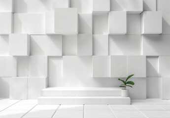 A small green plant sits on a white pedestal against a backdrop of a contemporary white geometric wall with varying cube depths, creating a stark contrast and a minimalistic design aesthetic.