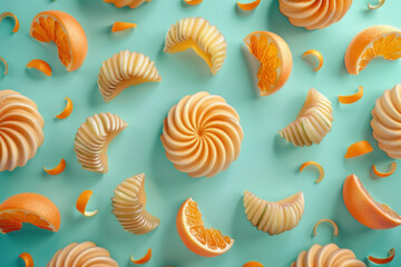Spiral pattern of orange slices on turquoise background, top view for food and drink concept