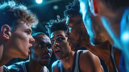 basketball team huddled together in a strategy discussion during a intense game, determination in...