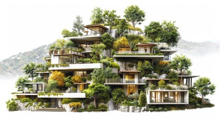 A large building with many windows and a lot of greenery