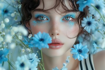 Woman with Blue Eyes Surrounded by Blue Flowers in a Field with Flowers in Her Hair