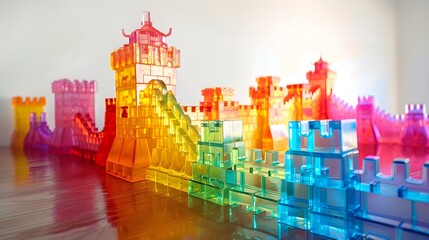 Brightly colored clear building blocks fit together to form the colorful Great Wall of China. - obrazy, fototapety, plakaty