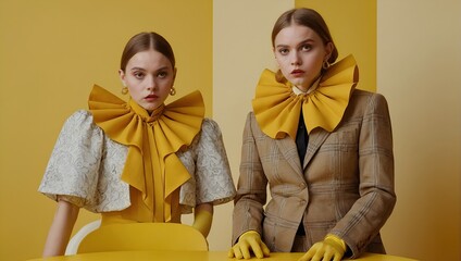 Dinner party. Young indifferent girl in giant jabot collar or neckwear and yellow tights isolated over yellow background. Contemporary art, weird beauty, fashion