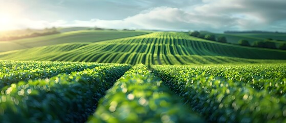Serene Green Soybean Fields at Sunset. Concept Nature Photography, Agriculture, Sunset, Greenery, Soybean Fields - obrazy, fototapety, plakaty