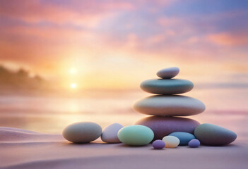 Zen stones on the beach in soft colors - AI generated