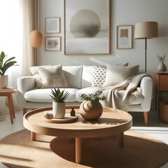 Scandinavian home interior design of modern living room With Round wood coffee table.