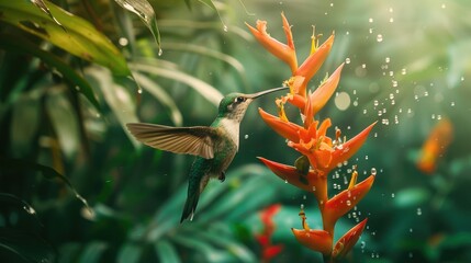 Close-up of a hummingbird hovering near a vibrant flower, sipping nectar with its slender beak - obrazy, fototapety, plakaty