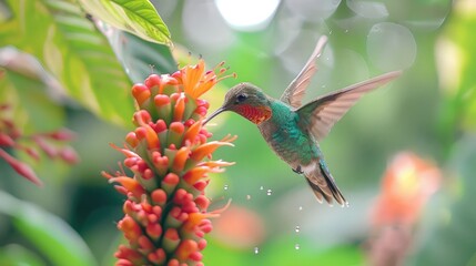 Fototapeta premium Close-up of a hummingbird hovering near a vibrant flower, sipping nectar with its slender beak