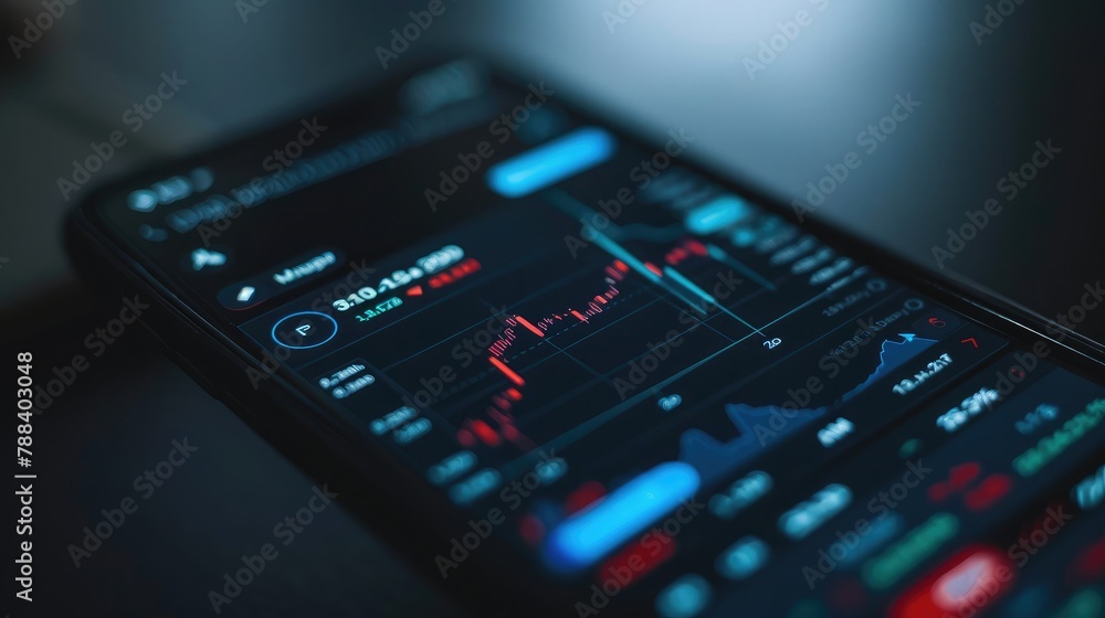 Poster close-up of a stock trading app on a smartphone, showcasing user-friendly interfaces for easy stock 