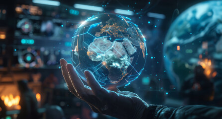 Hand, world and globe with 3D hologram at night in space for total domination, Armageddon or global war. Closeup of person, leader or conqueror holding digital planet in palm for earth destruction - obrazy, fototapety, plakaty