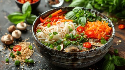 Vibrant Bowl of Noodles and Vegetables on Table
