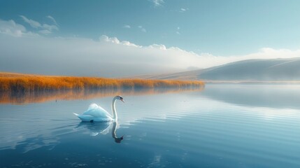 A tranquil lake is nestled among rolling hills, its surface like glass reflecting the azure sky above. A lone swan glides gracefully across the water, leaving a trail of ripples in its wake.