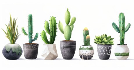 KSSet of watercolor potted plants and cacti in boho 