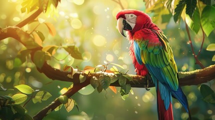 colorful parrot perched on a tree branch, its feathers gleaming in the sunlight - Powered by Adobe