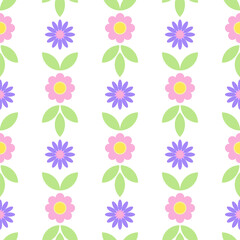 Pink and lilac flowers isolated on a white background. Seamless pattern. Flat style, simple abstract flowers. Vector background for cover, fabric, decor.