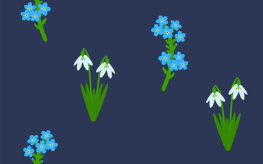 Forget-me-not and  snowdrop isolated on a dark blue background. Spring flowers. Flat style. Seamless pattern. Background for paper, cover, textile, dishes, interior decor.