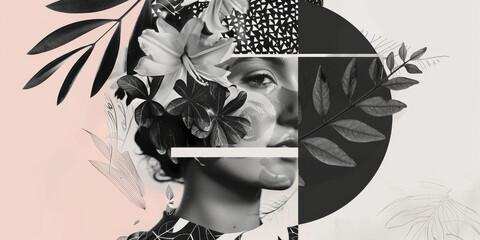 Abstract Monochrome Collage Portrait of a Woman with Florals