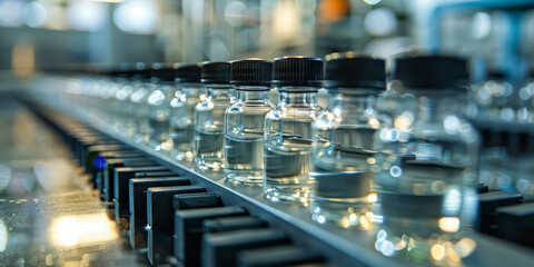  liquid vials glass bottles  on the production line in  pharmaceutical factory