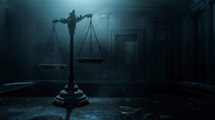 Scales of Justice in the Dark Court Hall. Law concept of Judiciary, Jurisprudence, and Justice. Copy space. - obrazy, fototapety, plakaty