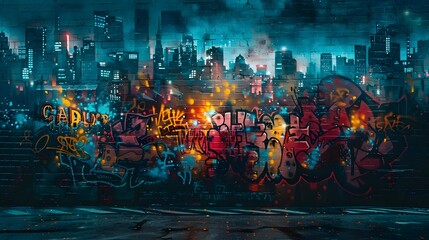 Abstract artwork with colorful city graffiti glowing on a dark textured wall
