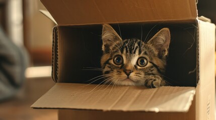 curious cat investigates a cardboard box, a playful smirk suggesting it's found the perfect hiding spot for fun. - obrazy, fototapety, plakaty