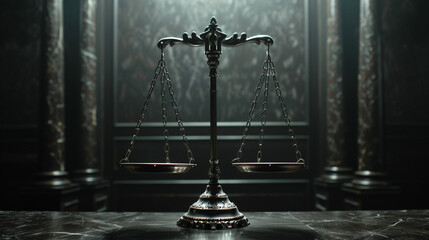 Scales of Justice in the Dark Court Hall. Law concept of Judiciary, Jurisprudence, and Justice. Copy space. - obrazy, fototapety, plakaty